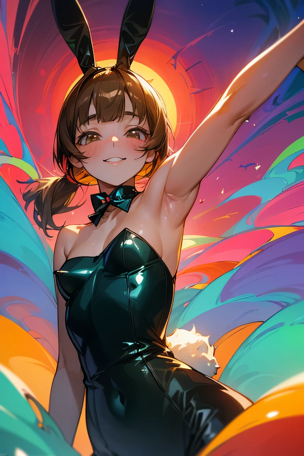 ((Masterpiece)), ((best quality)), (Anime:1.3), (psychedelic art:1.5), (High Definition:1.3), (Professional Photography:1.4), ((12 years old)), 1girl, (Big smile and blush), (Glossy lips), upper body, (put on bunny ears), ((wearing Playboy_bunny)), (blunt bangs), low ponytail, pale brown hair, small breast, cute hips, BREAK, ((best quality)), arm up, (mist effect:1.3), (in subtropical rainforest), Beautiful Horizon Background, sunset,