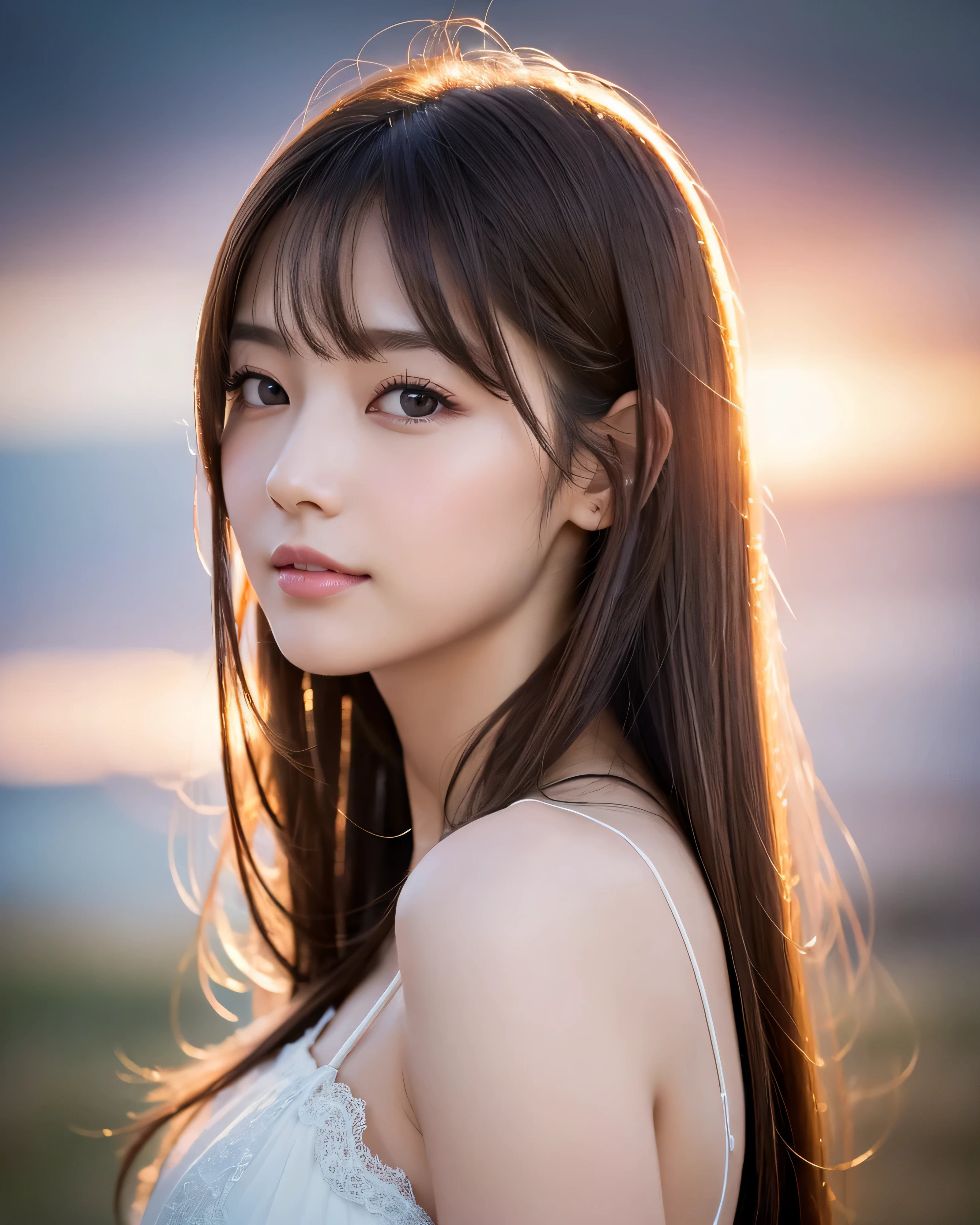 (highest quality, 32k, High resolution, masterpiece:1.5, ), painted in abstract style、A memorable and fantastical portrait, ((In a swirl of fantastic pastel colors and soft light)), Evoking calming tranquility and elusive beauty, Expressing emotions, Have a rich imagination, Cute Japanese Girl, Very beautiful face, whole body, perfect human anatomy, Magic big eye, A gentle smiling profile, motherhood and tolerance, ((Shiny brown straight long hair)), Beautifully styled super long hair, Beautiful asymmetrical bangs, Hair between the eyes, Transparent and soft skin, Neat, Thin eyebrows, double eyelid, Pale pink lips, ((See-through transparent camisole,)), High resolutionの完璧な鎖骨, High resolutionの美しい胸元, Slender body with ample breasts, High resolutionの美しい太もも, Soft sunlight, Professional Lighting, Professional Photographer, Professional models,Mysterious
