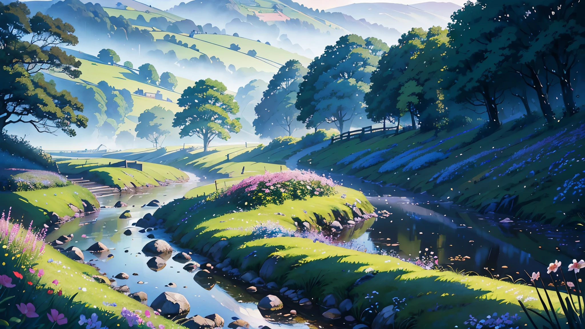 (highest quality、High resolution、masterpiece)、(Anime Art 4k)、(Realistic)、((Beautiful landscape photography))、Welsh countryside in England、((Ancient City))、Memories of the trip、Path along the creek、Soft Light、Foggy morning landscape、Enhances the peaceful atmosphere of the countryside、place々flowers bloom、