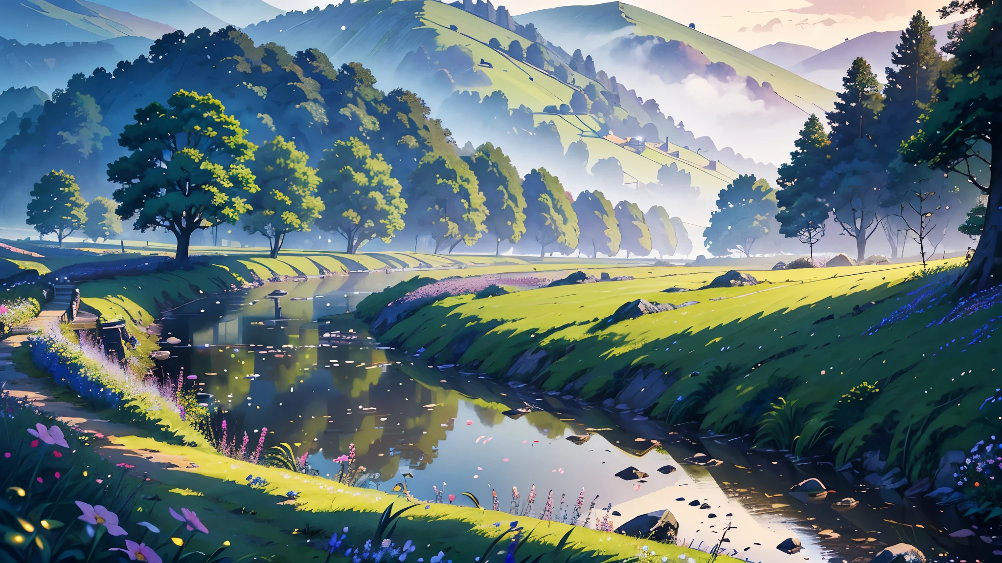 (highest quality、High resolution、masterpiece)、(Anime Art 4k)、(Realistic)、((Beautiful landscape photography))、Welsh countryside in England、((Ancient City))、Memories of the trip、Path along the creek、Soft Light、Foggy morning landscape、Enhances the peaceful atmosphere of the countryside、place々flowers bloom、