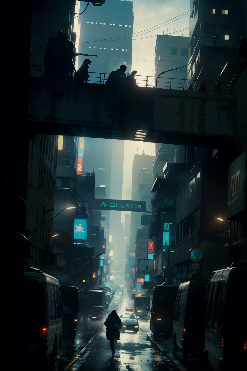 ((highest quality)), ((masterpiece)), (be familiar with), (High definition), (Accurate), (Realistic), (Cinematic), (Best Shadow), (Low contrast), (8K), Perfect Face, ((SYD MEAD style)), manga、mangaデザイン、Storyboard、Frame division、1 Female, Black Hair, very short hair, ((Blue Eyes)), (Replicant), (On the run:1.2 )、Wearing a hooded raincoat、Hollow Eyes、(Scramble crossing), Being chased by the police、The car is jammed、congestion, congestion, Decadent Future City, NEO TOKYO, A.D.2051, (steam:1.2), It's raining white, evening, (Close-up of face)、Bust Shot
