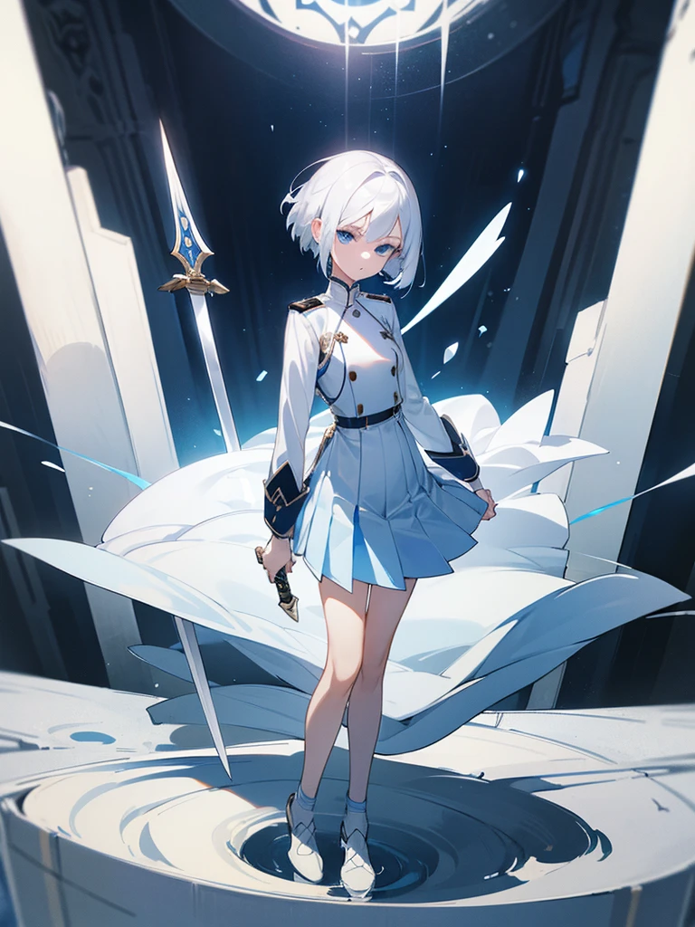 1girl, full body, white hair, short hair, blue eyes, flat chest, determined expression, 1 sword, calm, white uniform, blue linings, pleated skirt, masterpiece, ultra detailed, beautiful face, detailed eyes, dramatic lighting, clean fingers, simple room