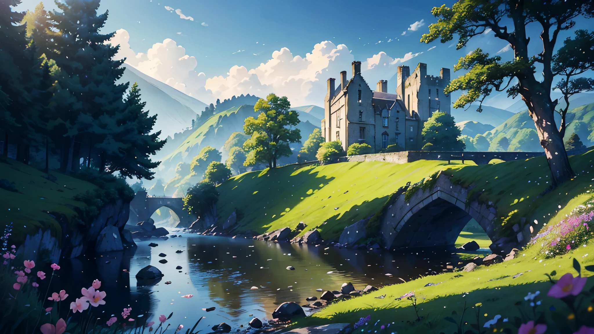 (highest quality、High resolution、masterpiece)、(Anime Art 4k)、(Realistic)、((Beautiful landscape photography))、Welsh countryside in England、((Castle ruins on the grassland))、Memories of the trip、Path along the creek、Soft Light、Foggy morning landscape、Enhances the peaceful atmosphere of the countryside、place々flowers bloom、
