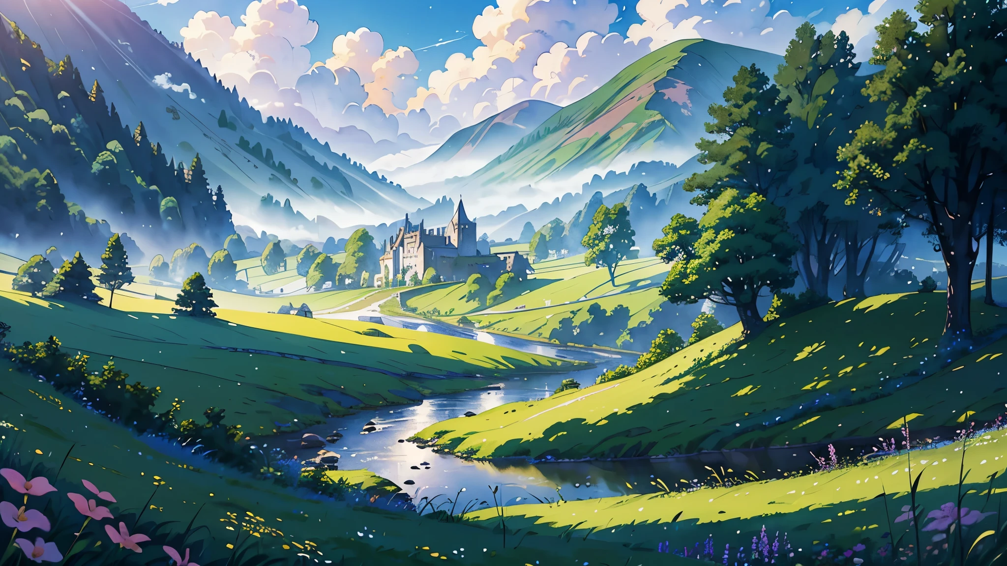 (highest quality、High resolution、masterpiece)、(Anime Art 4k)、(Realistic)、((Beautiful landscape photography))、((Nobody is here))、Cinema Lighting、Ray Tracing、Soft Light、Celtic landscape on a misty morning、((Castle ruins on the grassland))、Create a magical scene in a misty meadow on a calm morning、Draw delicate and blurry brushwork、place々flowers bloom、(Sargent-style watercolor)、(Edmund Leighton Style)、