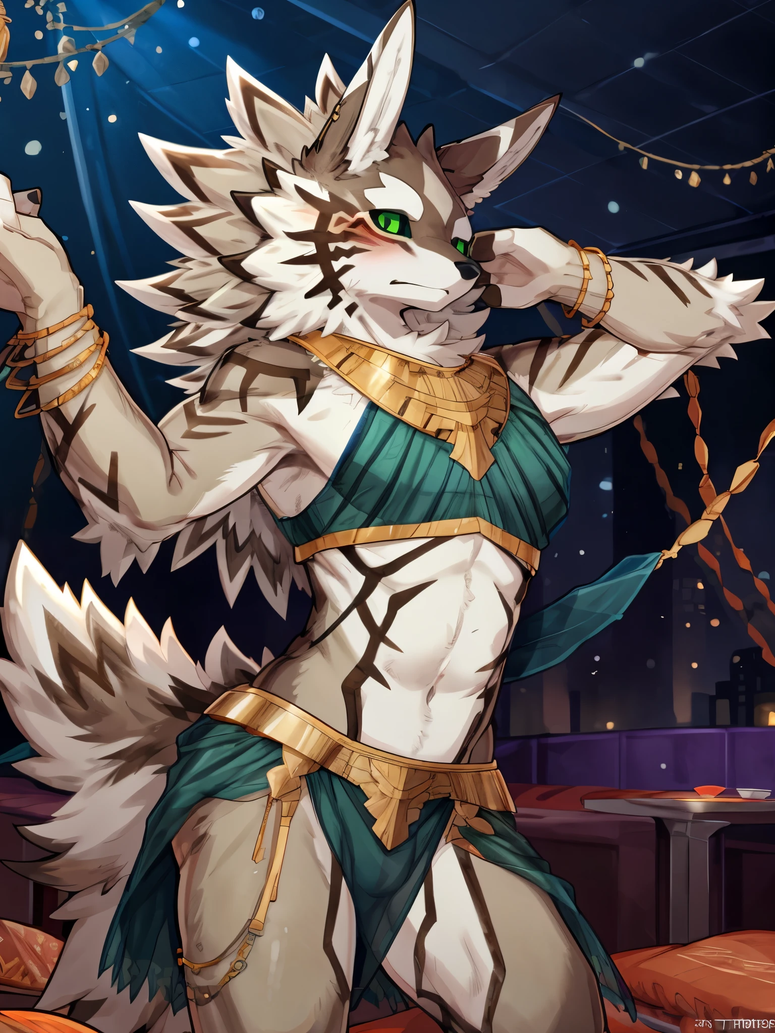 ((by Buta99, by SpiritD, best quality, masterpiece, perfect anatomy, detailed picture)), 1male, Jackal, Seth, Tokyo Afterschool Summoner, brown furs, green sclera eyes, young body, skinny body, tail, big blushes, embarrassed, harem crop top, harem leg wear, harem loincloth, dancing, in the desert night club background 