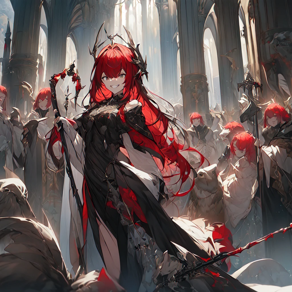 (best quality),(ultra detailed),(extremely detailed),(absolutely resolution) ,absurdres,8k, 1girl,full body,  wizard, holding magician's staff, grin, ultra detailed eyes, long hair, messy hair, (red hair:1.2), 