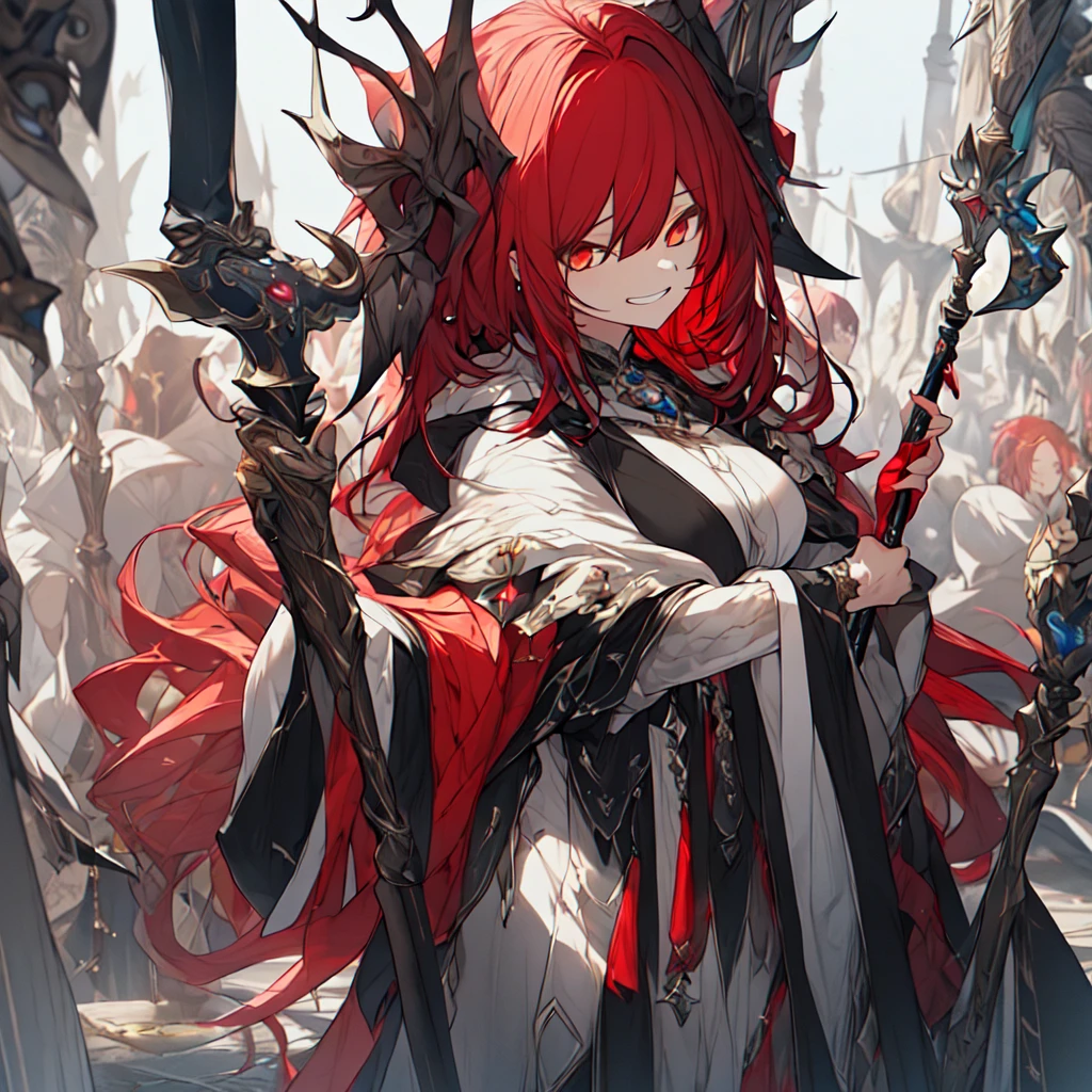 (best quality),(ultra detailed),(extremely detailed),(absolutely resolution) ,absurdres,8k, 1girl,full body, wizard, holding magician's staff, grin, ultra detailed eyes, long hair, messy hair, (red hair:1.2),