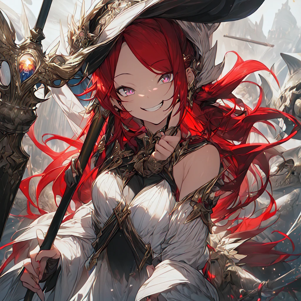 (best quality),(ultra detailed),(extremely detailed),(absolutely resolution) ,absurdres,8k, 1girl,full body, wizard, holding magician's staff, grin, ultra detailed eyes, long hair, messy hair, (red hair:1.2),