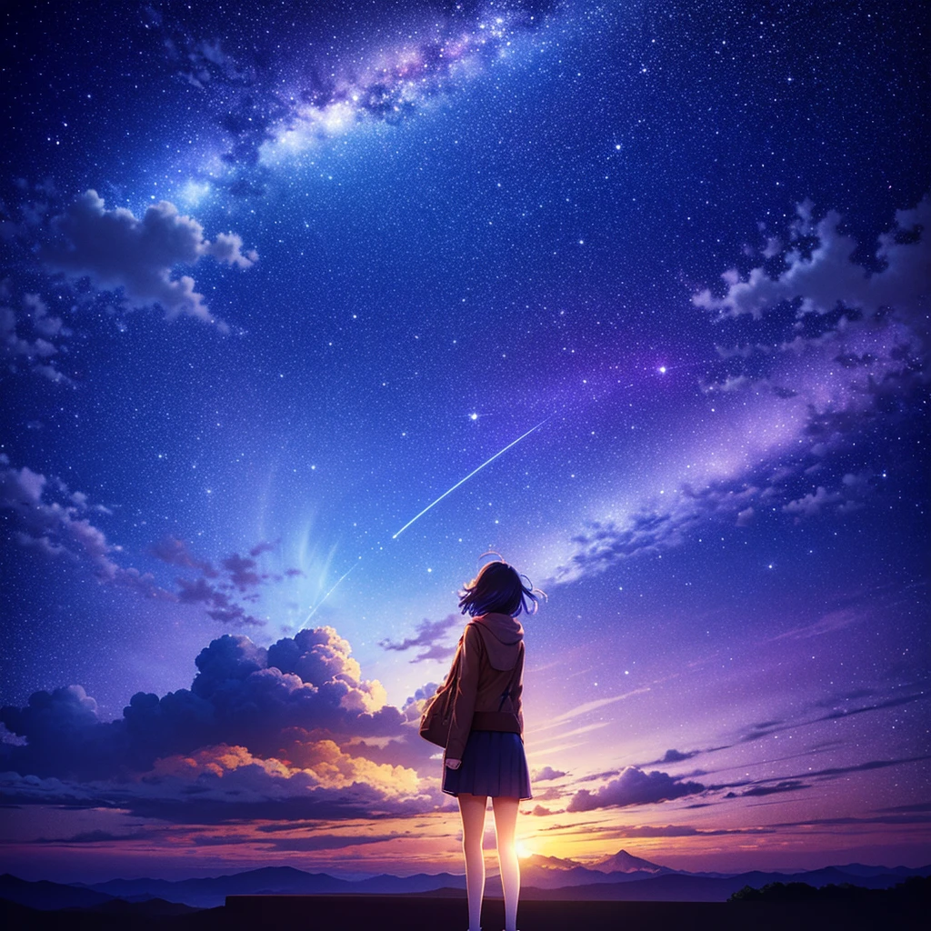 anime wallpapers with a view of the sky and stars, cosmic skies. by makoto shinkai, anime art wallpaper 8k, anime sky, amazing wallpaper,  makoto shinkai cyril rolando, anime background art, ultra detailed sky and galaxy stars