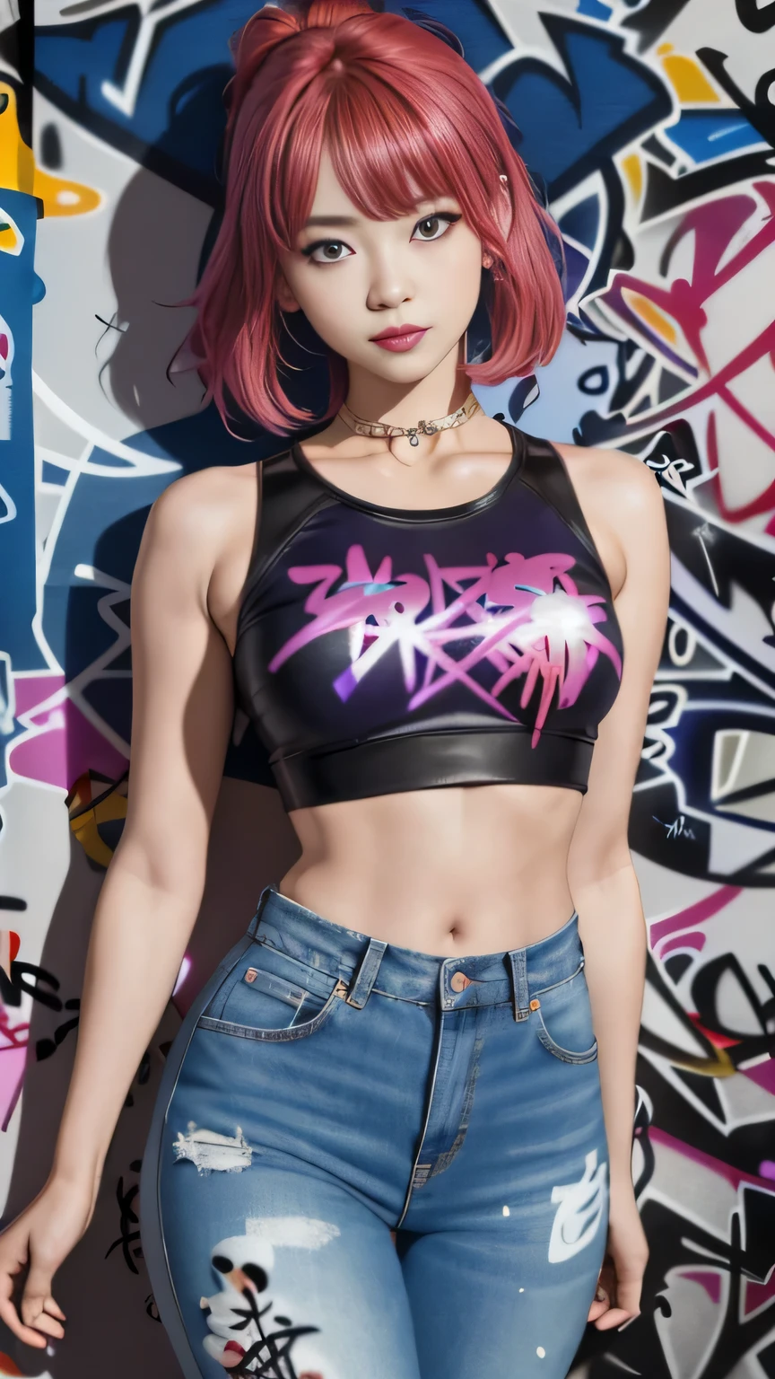 Ayaka Kamisato|Genshin Impact, masterpiece, best quality, 1 girl,25 years old, proportional body, long legs, beautiful, proportional., crop top, long jeans, medium breasts, ,only, crop top, collar, (Graffiti:1.5), Splash with purple lightning pattern., arms behind back, against the wall, View viewers from the front., thigh strap, head tilt, boring,(national technology development bureau.:1.2), (10, best quality, masterpiece: 1.4), beautiful red hair, ultra high resolution, (lifelike, lifelike portrait: 1.48), (View through crop top.), famous japanese actor, beautiful clear eyes, head tilt, Cowboy shooting, from the front, looking at the audience, Poker face, beautiful lake, Zeiss 150mm F/ 2.8 Hasselblad, whole body, foot, super wide angle,