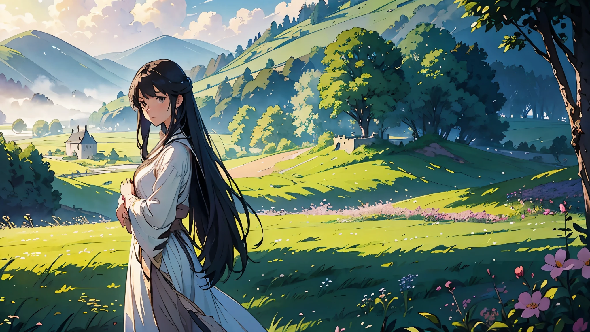 (highest quality、High resolution、masterpiece)、(Anime Art 4k)、(Realistic)、(Beautiful landscape photography)、((One Young Woman、whole body、Travel))、Cinema Lighting、Ray Tracing、Soft Light、Celtic landscape on a misty morning、(Castle ruins on the grassland)、Create a magical scene in a misty meadow on a calm morning、Draw delicate and blurry brushwork、place々flowers bloom、(Sargent-style watercolor)、(Edmund Leighton Style)、