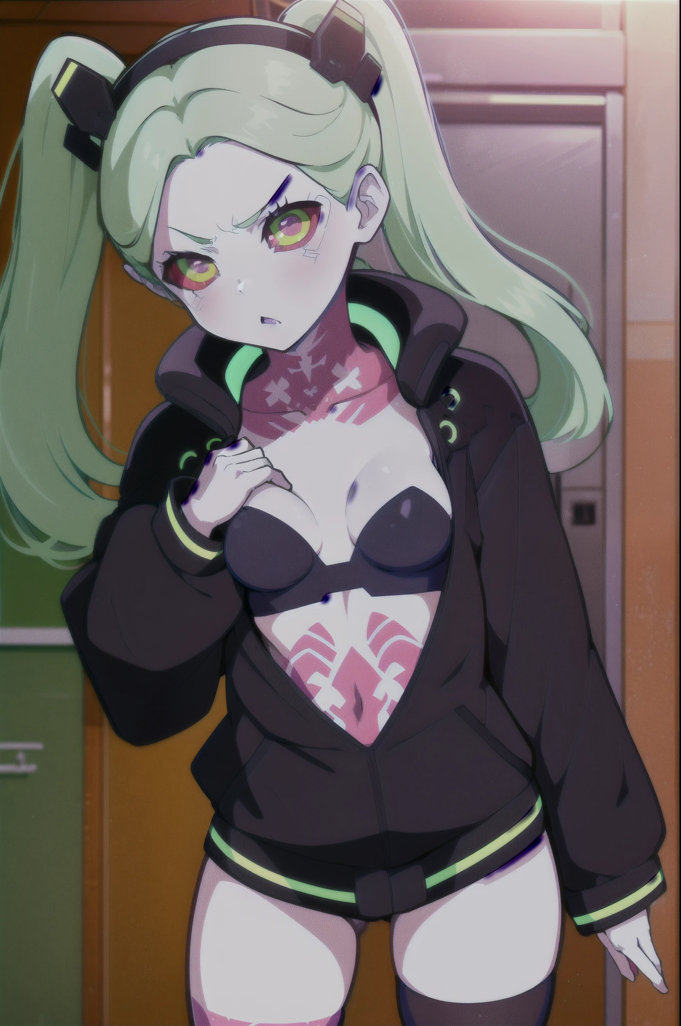 absurdres, highres, ultra detailed, rebecca, , solo, green hair, red sclera, pink tattoo, purple lips, twintails, hairband, headgear, black jacket, open clothes, black bra , looking at viewer, angry face , city, night sexy . Pantie black  , long socks. Standing front. 