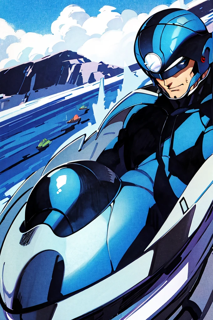 blue bodysuit, cape, helmet, dark visor, driving inside hovercraft, man, smirk, ocean background