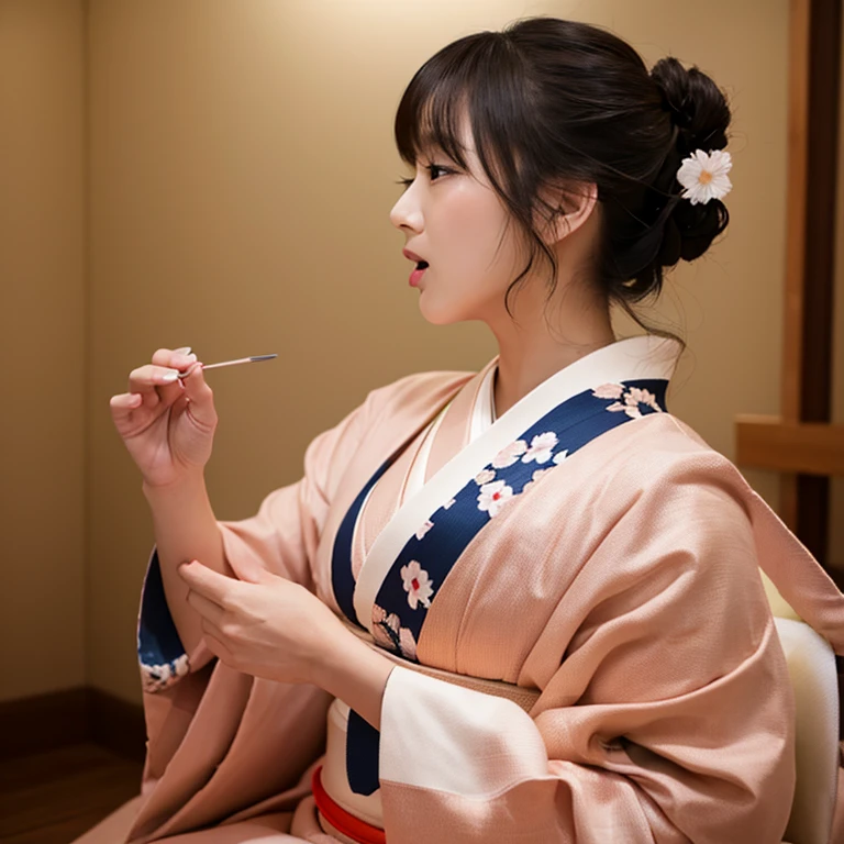 A beautiful woman in a proper kimono、((highest quality、8K masterpiece:1.3))、Sharp focus:1.2、(Super beautiful face:1.0)、(Glowing Skin:1.0)、Photo Real、Black-haired、Video Lighting、High resolution eyes and face、Video Lighting、Japanese idol actress、from the front、Very large breasts、The beauty of slim abs、Face sucking something、A mouth for sucking something、Hands holding and sucking a cylindrical object、Kneel、Drooling from the mouth、Taken at the best angle