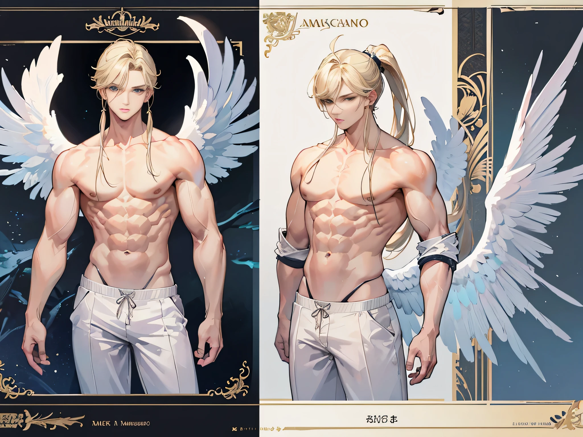 (Masterpiece, best quality), detailed, 1 man, ((character concept art)), ((character design sheet, same character, front, side, back)), full body, body complete, 1 Male angel, 1 Man angel, Detailed face, character design sheet，full bodyesbian, Highly detailed, character sheet, character design, Many parts, dark skin, angel wings, short red hair, angel outfit, muscle male god, male clothes, masculine, muscle man, male muscle, manly, male angel, Muscle male short red hair，beautiful man, beautiful muscle man, abs, pectoral muscle