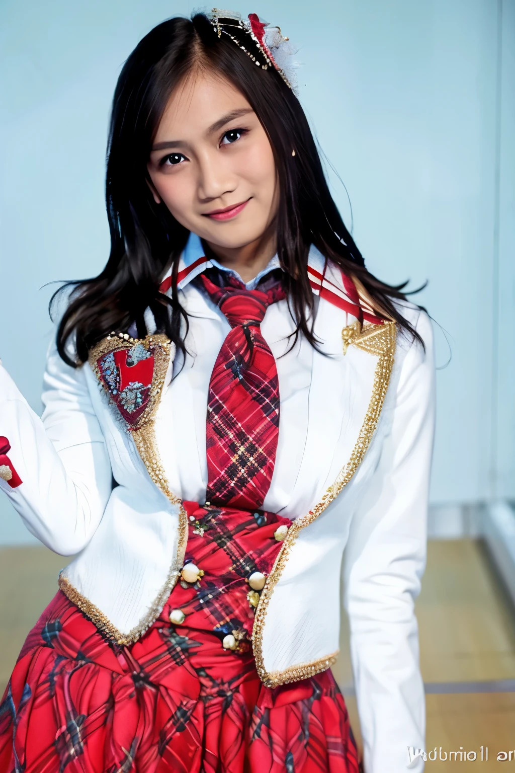 photo of a woman, jkt48 uniform, solo focus, (detailed face), posing for a photo, hand on hip, simple white background