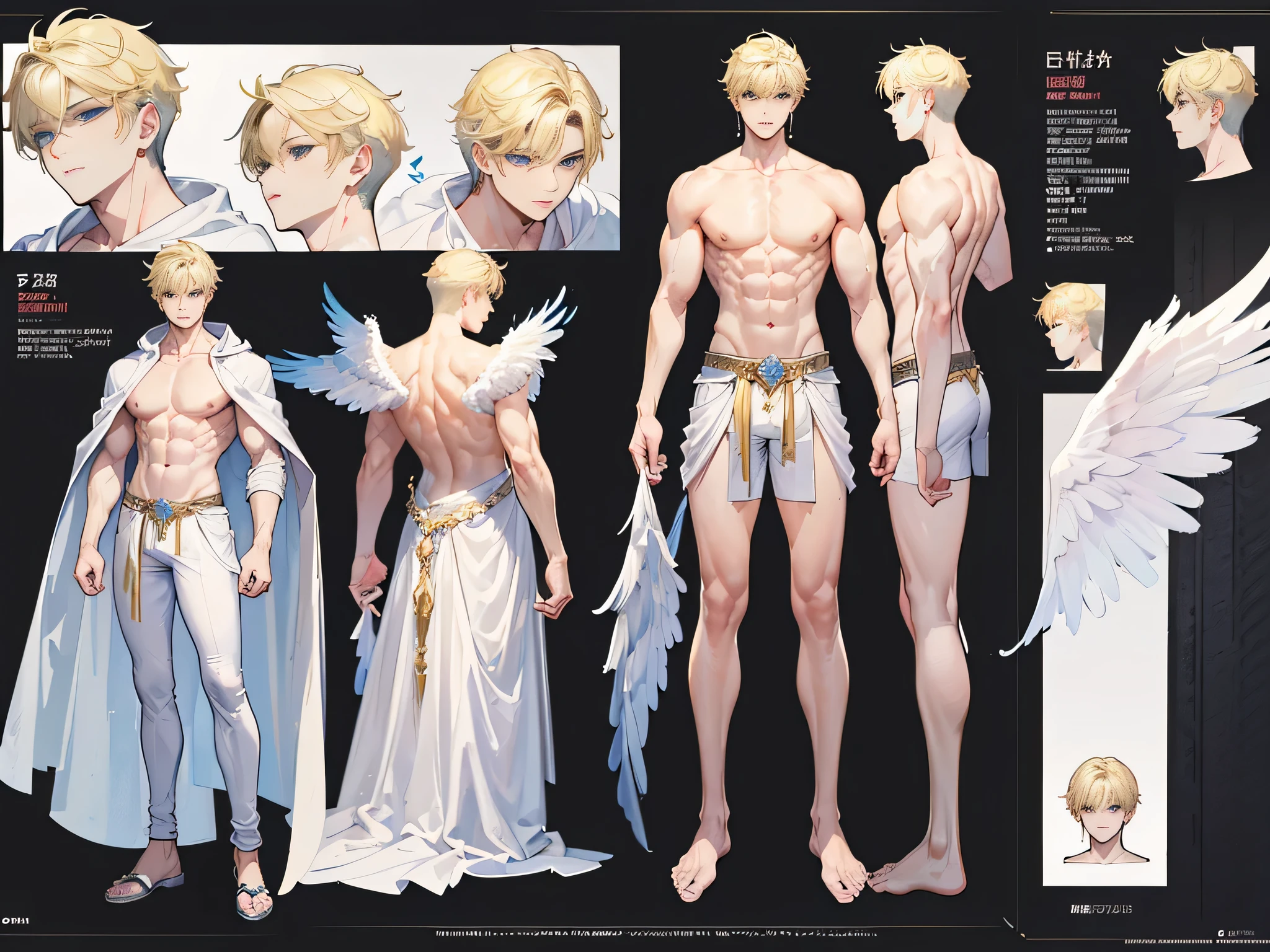 ((Masterpiece, Highest quality)), Male, boy, Detailed face, character design sheet, full bodyesbian, Full of details, frontal body view, back body view, Highly detailed, Depth, Many parts, angel wings, angel outfit, Muscle boy with blonde hair bangs,handsome man, male angel , man tall, abs, pectoral muscle