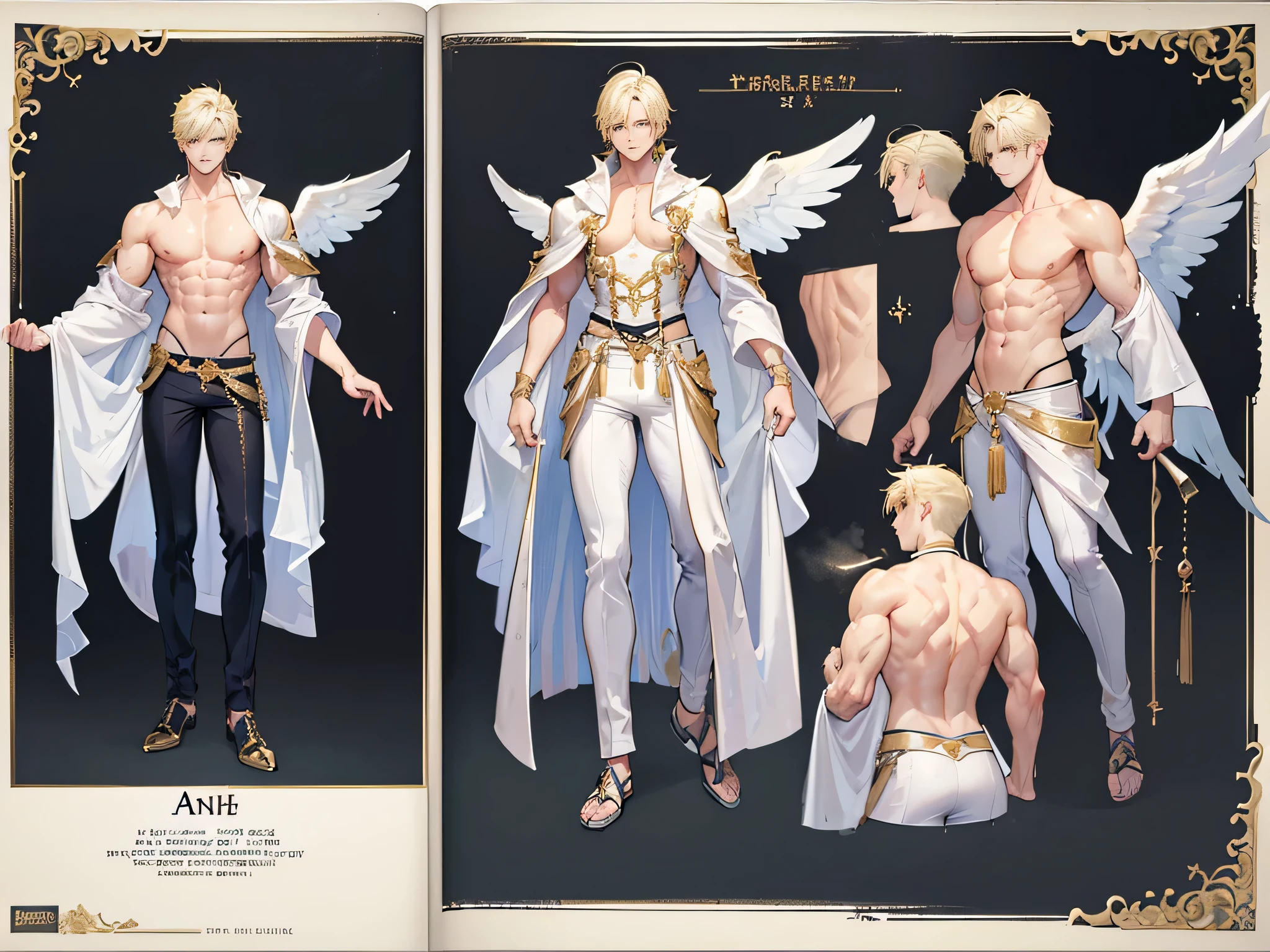 ((Masterpiece, Highest quality)), Male, boy, Detailed face, character design sheet， full bodyesbian, Full of details, frontal body view, back body view, Highly detailed, Depth, Many parts, angel wings, angel outfit, Muscle boy with blonde hair bangs，handsome man, male angel , man tall, abs, pectoral muscle