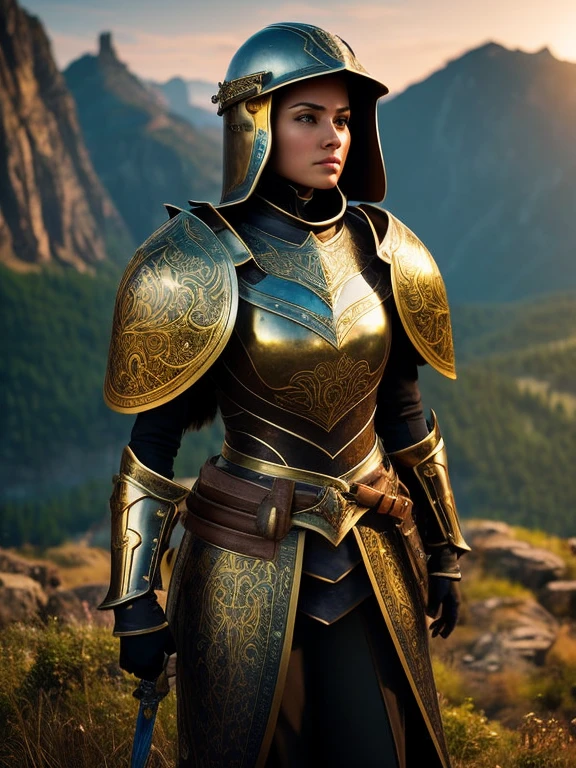 At the top of a steep hill, against the twilight horizon, an imposing figure stands with majesty. A woman, wearing full armor, stands at the highest point of the terrain, gazing determinedly into the valley below. Her helmet is adorned with intricate details, with a visor that reveals only her resolute eyes, shining with the golden light of the setting sun.

Her armor, polished to an impeccable shine, is a masterpiece of craftsmanship, each plate meticulously forged to offer maximum protection without compromising mobility. Each piece gleams as it reflects the last rays of sunlight, creating a striking contrast with the somber landscape around her.

In her right hand, she holds a longsword, whose gleaming blade seems eager to challenge any adversary that dares to cross her path. In the left, a shield adorned with a familiar crest, symbol of her lineage and heritage.

The wind gently stirs the cape that envelops her shoulders, highlighting her firm and confident posture. She is a fearless warrior, a defender of her realm and her people, ready to face any challenge that fate may hold.

Around her, the medieval scenery unfolds in all its grandeur. Castle towers rise against the orange-tinted sky, while verdant fields stretch as far as the eye can see. The distant sound of church bells and the clashing of swords echo through the air, reminding her of the constantly conflicted world she has sworn to protect.

In this solemn moment, she prepares to descend the steep slope toward the valley below, where destiny awaits with its challenges and dangers. But she does not falter; her heart is filled with courage and determination, ready to face any battle that life may present her.