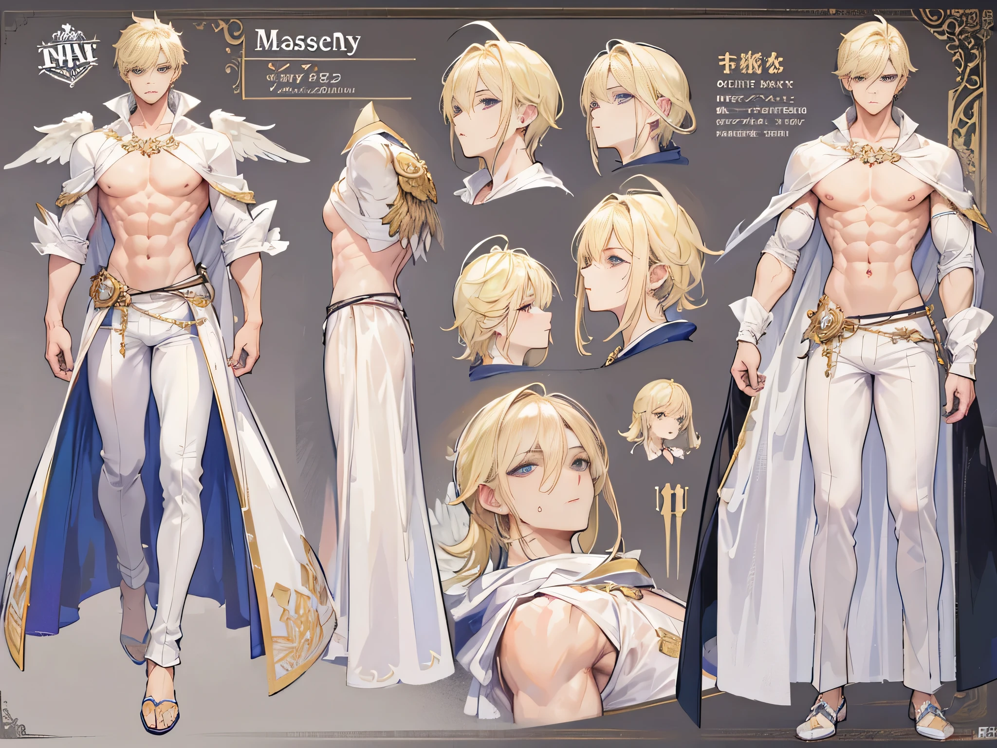 ((Masterpiece, Highest quality)), Male, boy, Detailed face, character design sheet， full bodyesbian, Full of details, frontal body view, back body view, Highly detailed, Depth, Many parts, angel wings, angel outfit, Muscle boy with blonde hair bangs，handsome man, male angel , man tall, abs, pectoral muscle