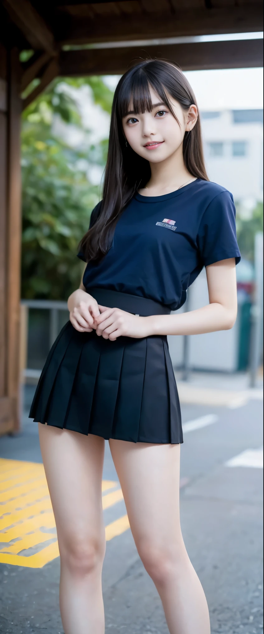 (masterpiece, highest quality:1.2), 8k, 15 years, 85mm, Official Art, RAW Photos, Absurd、((small, Vacant Japanese-style room:1.4))、Pretty face, close, ((Cowboy Shot:1.4))、Beautiful girl with straight medium long hair,(((High School Girl Uniform 1.4)))、(((White short sleeve low cut button front shirt、Dark blue ribbon)))、((Ultra micro mini dark blue pleated skirt)) Squeeze the waist, Thighs, Short sleeve, Model pose、View your viewers, No makeup, (smile:0.4), Film Grain, chromatic aberration, Sharp focus, Face Light, Bright lighting, Teen, Detailed face, Bokeh Background,