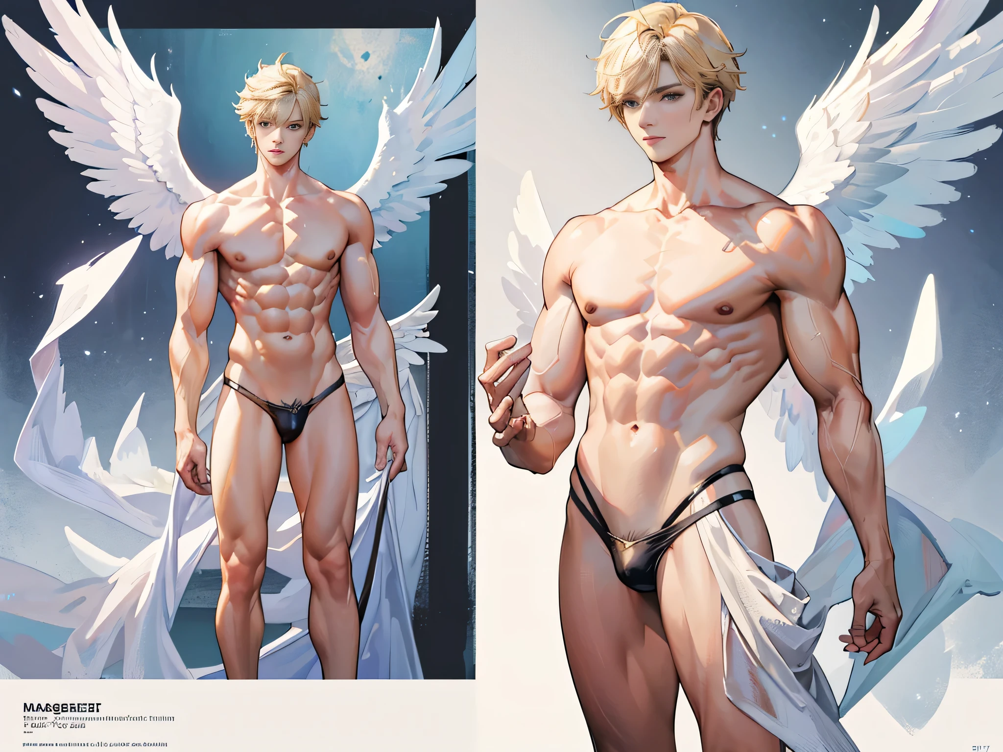 ((Masterpiece, Highest quality)), Male, boy, Detailed face, character design sheet， full bodyesbian, Full of details, frontal body view, back body view, Highly detailed, Depth, Many parts, angel wings, angel outfit, Muscle boy with blond hair bangs，handsome man, male angel , man tall, abs, pectoral muscle