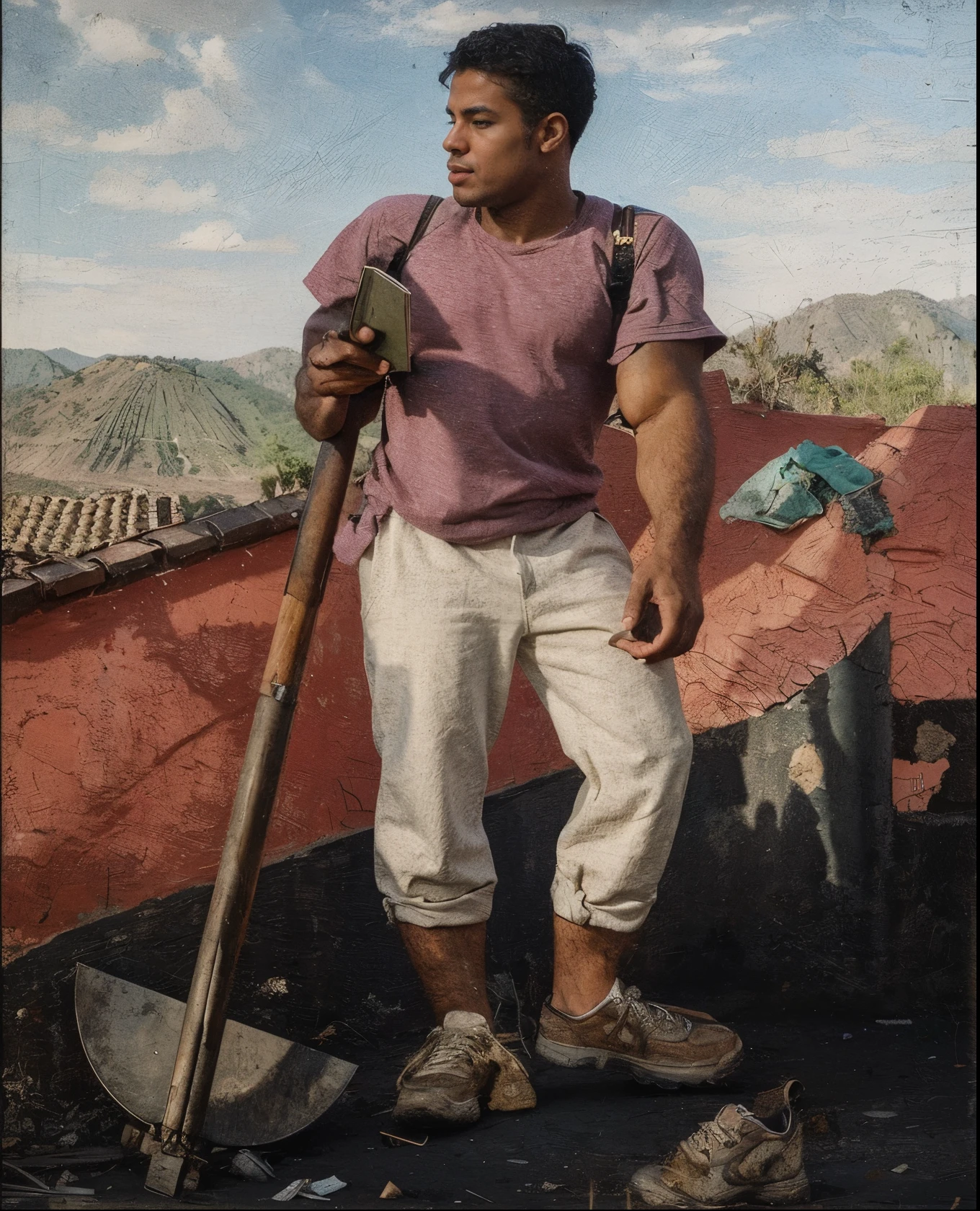 Character, instead of a tool, puts a book in his hands and shoes on his feet, backpack on his back