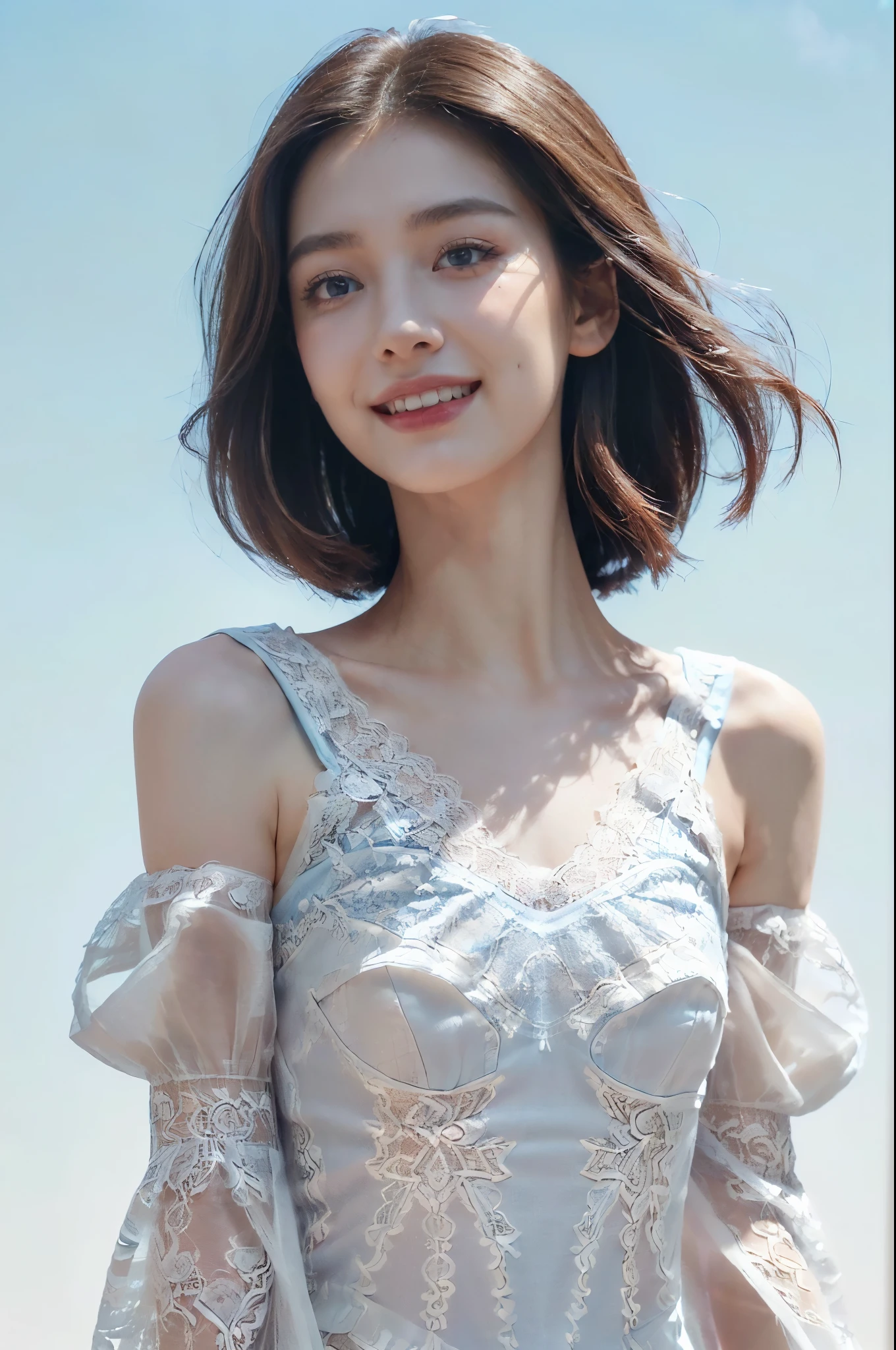 ((((8k))),((Extremely meticulous CG)) ,(wallpaper),16k,((Extremely refined and beautiful)),(((Masterpiece))),(((best qualtiy))),(((Ultra High Resolution))),beautiful light up,Perfect lightning,realistic shaded,((high resolution)),(Smooth and flawless skin:1.5),(Extremely exquisite facial details:1.2),(perfect body:1.2),(ultra-detailed),((A beautiful girl,solo)),(small head:1.2),(pale skin:1.3),(shoulder length straight hair:1.2),(small face:1.2),(Exquisite makeup:1.2),((slim,thin)),(laughing:1.2),(happy:1.2),(small breasts:1.2),(flat chests:1.2),(lace dress:1.5),(sleeves:1.2),(day scene:1.5),(sunny :1.3),(azure sky background:1.5),(close-up of face:1.3),(standing:1.3),(from front:1.3)