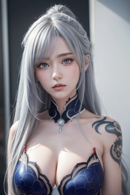 Anime Style、White skin、Gray Hair、Blue streaks in the tip of my hair、Upward-facing eyes、Large and conspicuous、dark、female、高周波のdetailed (((Sharpness))))、((Sharp Focus: 1.2)Face_v1: 0.7 )hand、Best well-drawn high resolution wallpapers、Original High Resolution、Bare legs、Exposed breasts、(Work - Work - Masterpiece: 1、2)。 detailed: Tattoo Artist、Tattoo Artistのドレス、tattoo of entire arm、Arm tattoo、arm with tattoo、arm with tattoo、Tattooed chest、neck tattoo、Tank topを着ている、Tank top、Red eyes、Red iris