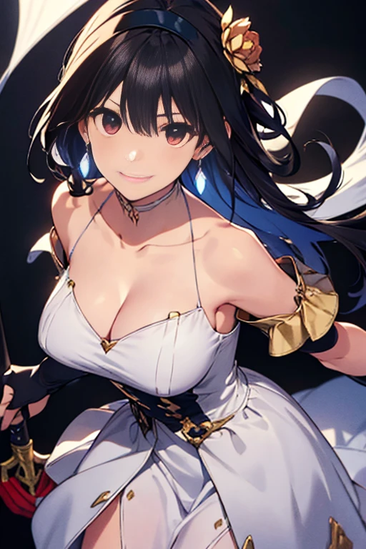  yor briar, anime style beutiful woman, 1girl, happy, smile, with sparkling eyes and a contagious smile:1.1),looking at viewer,red face, closed mouth, beautiful detailed eyes, super detailed skin, backlighting, bare shoulders, black background, black dress, black gloves, black hair, breasts, dress, earrings, fingerless gloves, floating hair, floral print, flower, gloves, gold earrings, gold hairband, hair flower, hair ornament, hairband, holding, holding weapon, jewelry, large breasts, long hair, looking at viewer, off-shoulder dress, off shoulder,red eyes, short hair with long locks, sidelocks, solo, spikes, thighs, two-sided dress, two-sided fabric, weapon, fighting stance , face, close up, from above, highest quality, high resolution. 