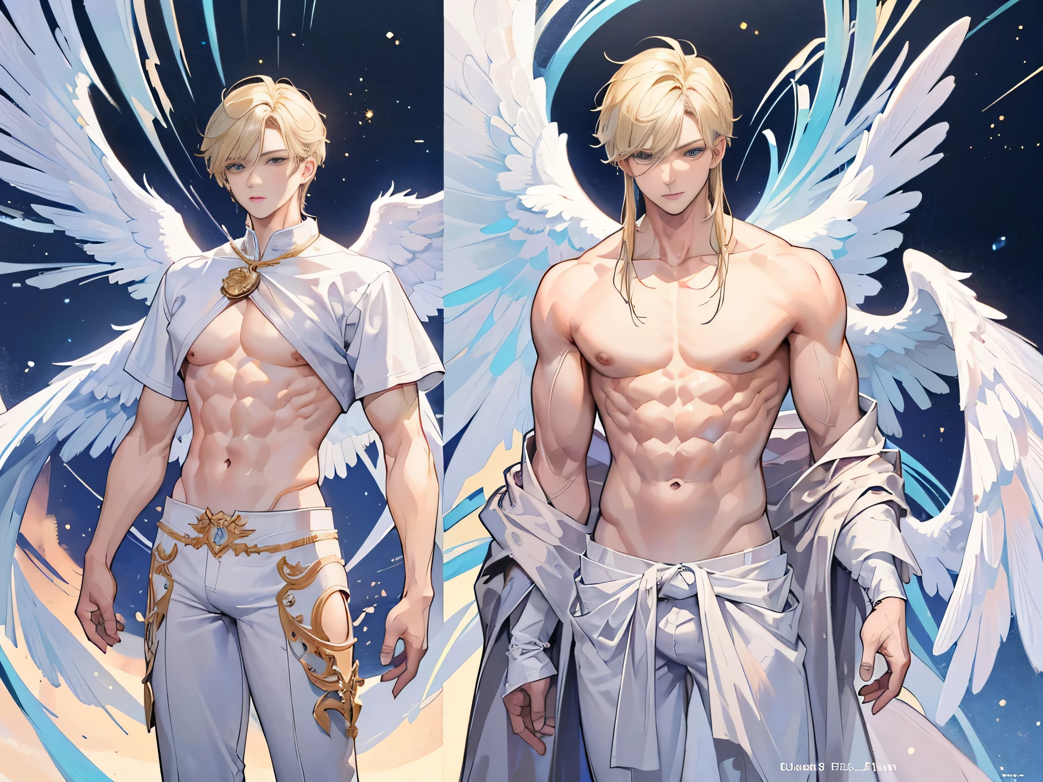 ((Masterpiece, Highest quality)), Male, boy, Detailed face, character design sheet, full bodyesbian, Full of details, frontal body view, back body view, Highly detailed, Depth, Many parts, angel wings, angel outfit, Muscle boy with blond hair bangs,handsome man, male angel , man tall, abs, pectoral muscle