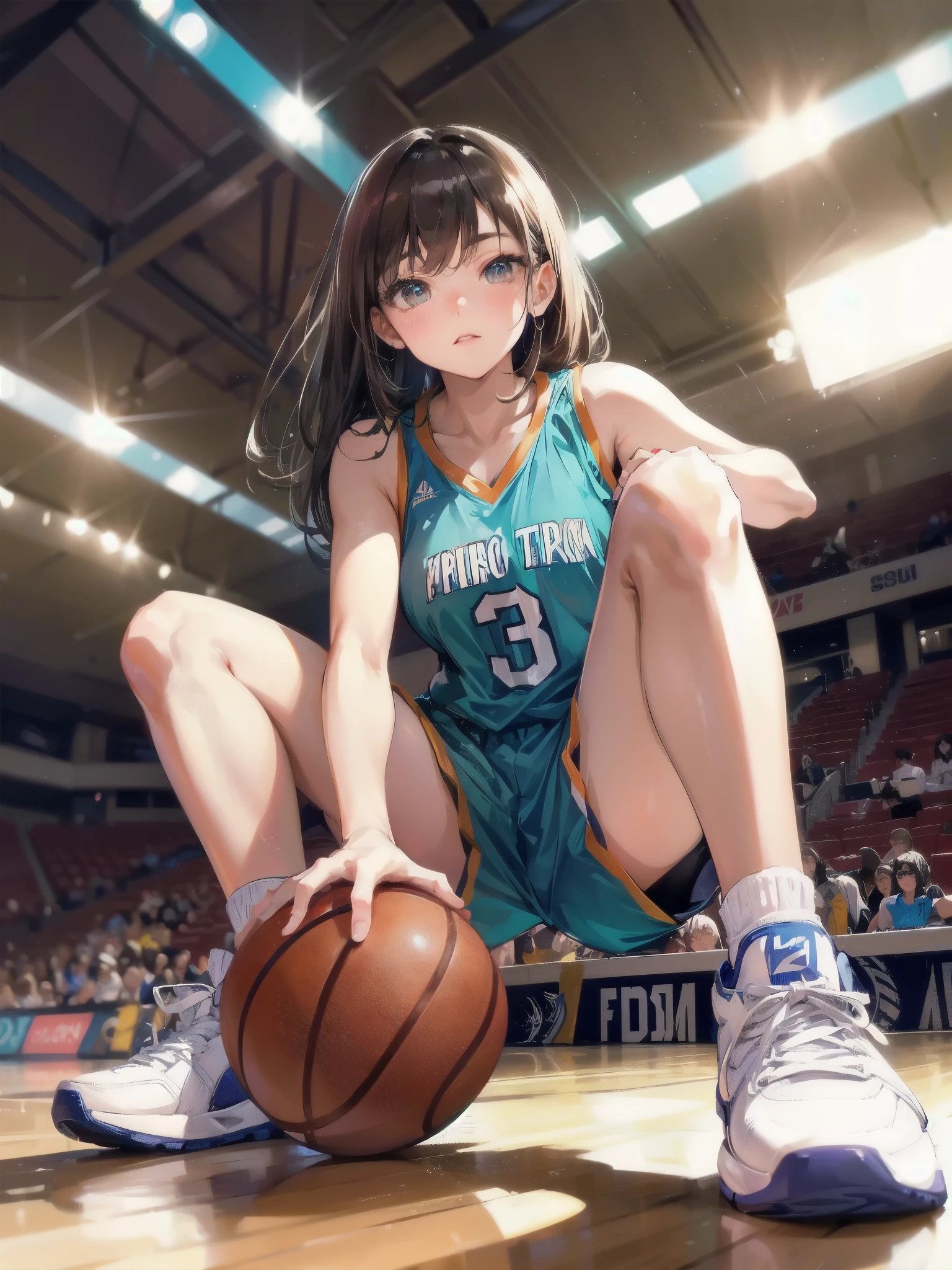 high quality,HD,16k,sharp lines,1 girl,Female basketball athlete ,cute face, large breasts, nice legs,At the basketball venue,focus girl,detailed beautiful face,detailed clothes,beautiful eyes,cool,dynamic angle