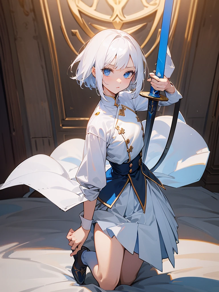 1girl, full body, white hair, short hair, blue eyes, flat chest, gallant expression, white uniform, blue linings, pleated skirt, beautiful face, detailed eyes, clean fingers, plain room, 1 sword, thin blade, holding sword in front of her, medieval hotel room, detailed background
