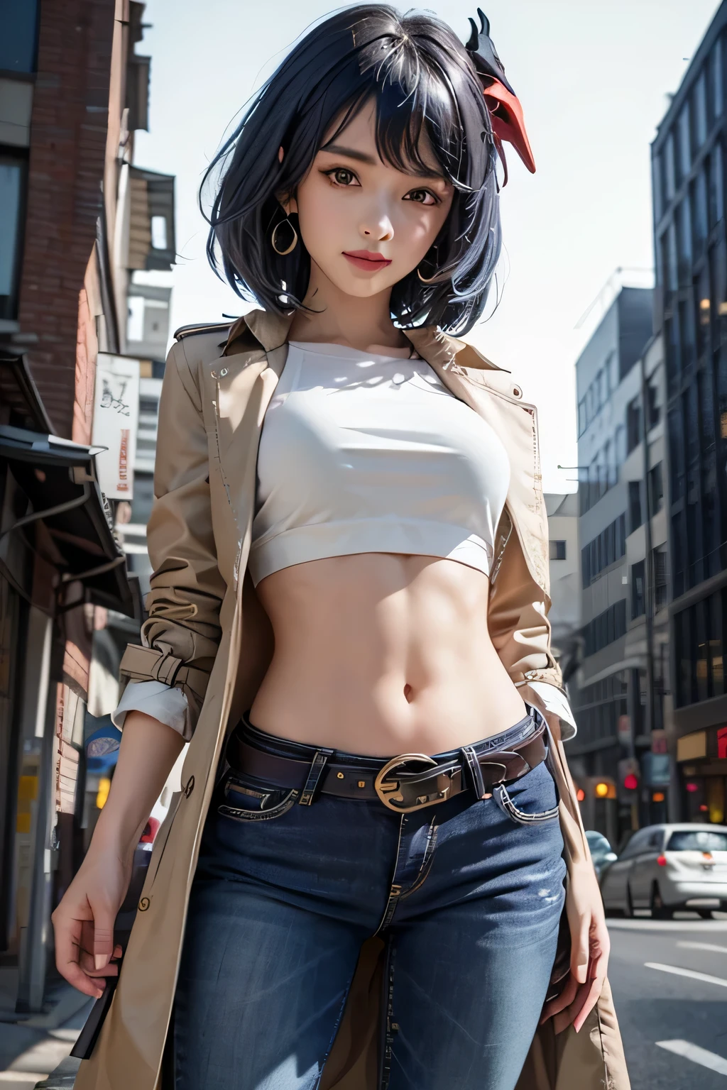 1girl, (long leather trench coat, tied business shirt, skinny long jeans, iron belt, heels, big earrings), ((midriff, navel)), looking at viewer, evil smile, night, standing, (cinematic lighting, best quality, masterpiece, high details, best quality, highres, HD, 4K, 8k, super detail), (kujou sara:1.3), mask on head, blue hair, short hair, yellow eyes, 