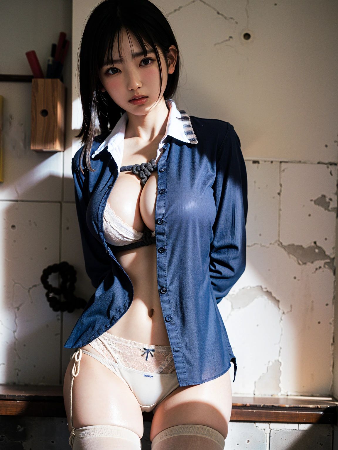 (41k4:1.15), (aika-sawaguchi:0.7), (cum on body:1.5), masterpiece, Best Quality, 8K, Raw photo, (open shirt:2), (wearing a collared shirt:1.7), top-notch quality, masterpiece, (wearing lace panties:1.6), (BDSM:1.6), (rope bondage:1.6), (tied up with rope:1.4), (arms behind back:1.3), (wearing white thigh high socks:1.4), (slave:1.5), solo, (1 pretty Japanese girl), exceptionally detailed RAW color photo, professional-grade photograph, (Realistic, Photorealistic:1.37), (highly detailed skin:1.2), Ultra-high resolution, (lens 50mm), (masterpiece, top-quality:1.3), (hyper realistic:1.35), (Photorealistic:1.45), (Realistic:1.4), (looking at viewer:1.4), (facing viewer:1.4), 1 beautiful girl, 18 years old, Japanese idol, supermodel, pale skin, (slim:1.3), (slim body:1.25), (slender body:1.25), (narrow waist:1.25), pretty face, (large breasts:1.15), (deep cleavage), gravure idol