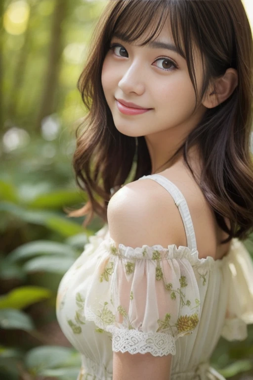 リアルな写真image quality、8kimage quality、A woman is standing in the forest, beautiful japanese woman face, Realistic young gravure idol, Cute realistic portrait photos, Beautiful girl model, Cute beautiful face, Attractive Japanese woman、smile、Detailed and beautiful eyes、Brunette medium-long hair、Light dress、Professional Lighting