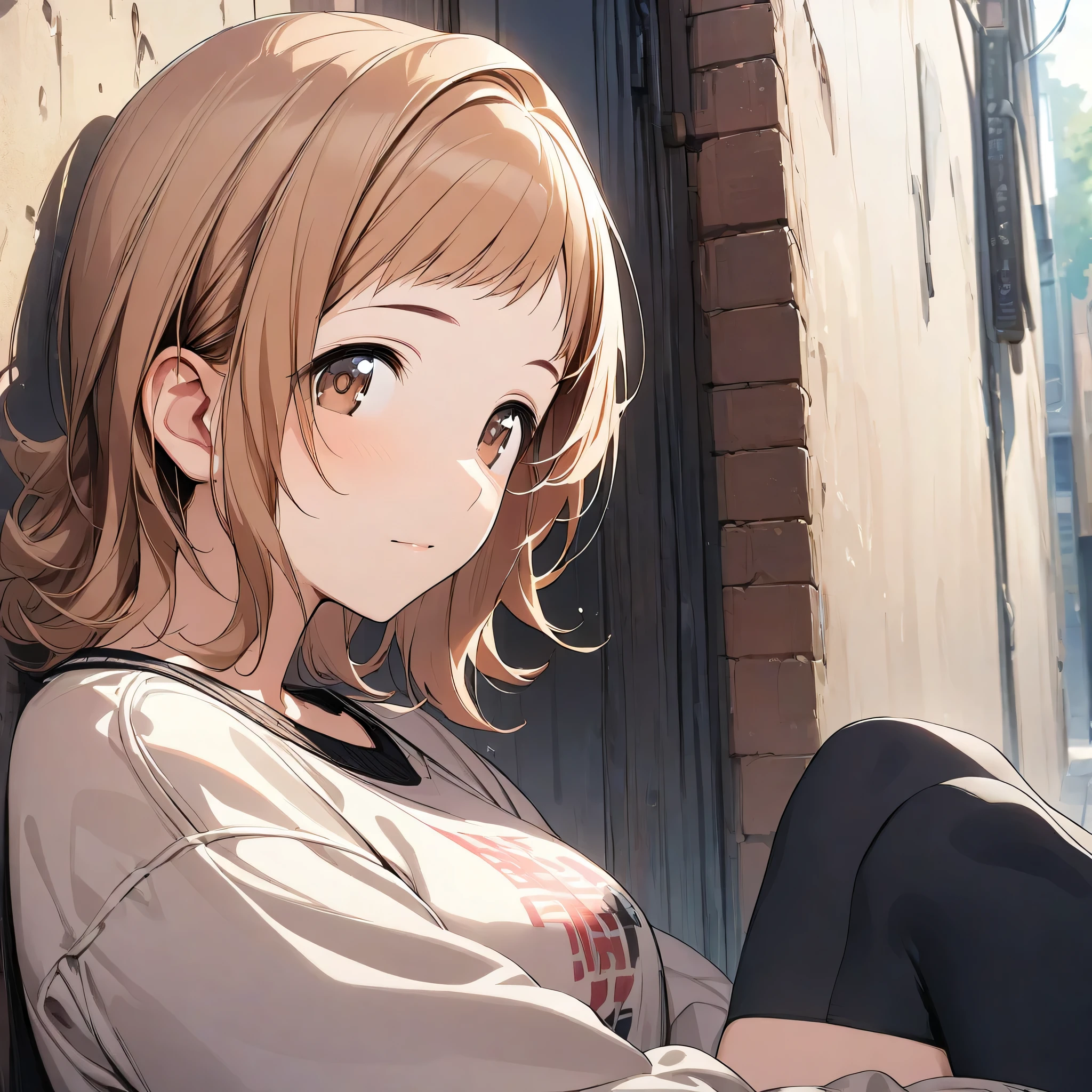 (masterpiece),(best quality),(ultra-detailed),(best illustration),(best shadow),(absurdres),(detailed background),(very aesthetic), 1girl, solo, mano sakuragi, brown eyes, brown hair, casual outfit, sweater, short jeans, sportswear, thigh high, sitting, leaning on the wall, alley, portrait, close-up,