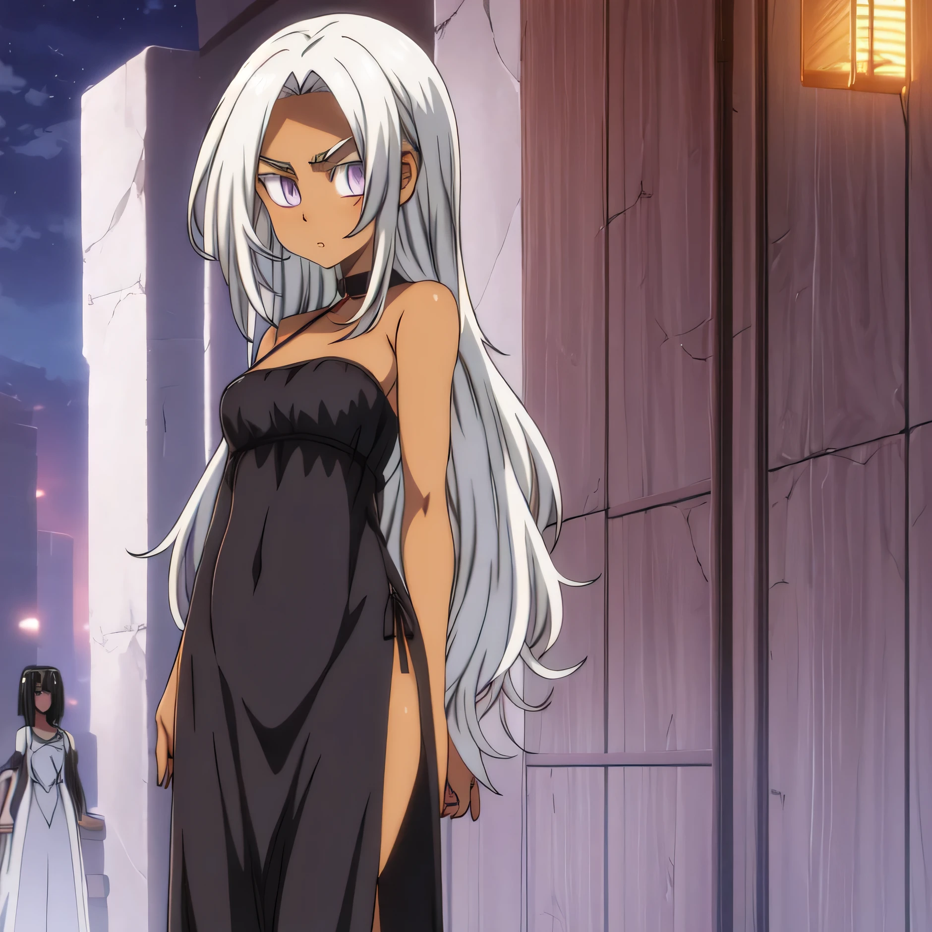 one girl , just one girl , looking at viewer, masterpiece, best quality,Anime - serious face - wearing black night dress - Anime girl - with white long hair - purple eyes - tanned skin - body with feminine curves - perfect curves