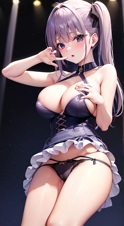 Adult women、Exact finger count、Exact number of legs、Exact number of arms、bangs, (blush:1), (Put one hand in your panties:1.8), Fingering, (Pussy juice:1.2), Cum in mouth, (A woman is holding a microphone and is about to sing:1.5)、white and navy idol costume、The costume comes with a navy blue idol-style corset.., The costume has a ribbon attached to its collar.. side, upper arm, and arms., That costume only opens wide at the chest..idol style skirt, (underwear:1.3), (Black panties:、Very large breasts、Nipples、Gray Hair、Long Hair、risque clothes