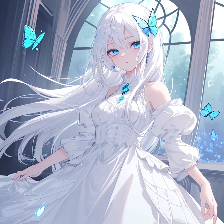 (highest quality,Ultra-detailed,masterpiece,High resolution)Obsessed face,1 Anime Girl,White Hair,Blue Eyes,Shining Eyes,Long Hair Girl,Dressed in a white dress,Strike a graceful pose,Delicate,gem,Butterflies fluttering,Blue Butterfly,