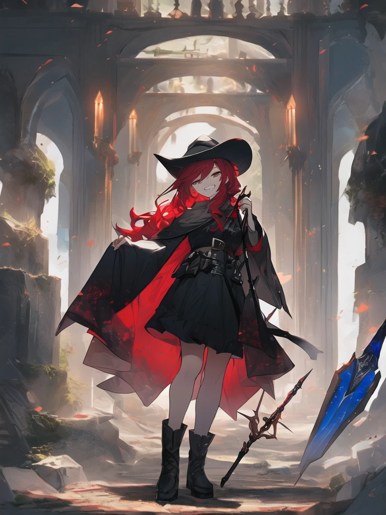 (best quality),(ultra detailed),(extremely detailed),(absolutely resolution) ,solo, absurdres,8k, 1girl,full body,  wizard, holding magician's staff, grin, ultra detailed eyes, long hair, messy hair, (red hair:1.2), 