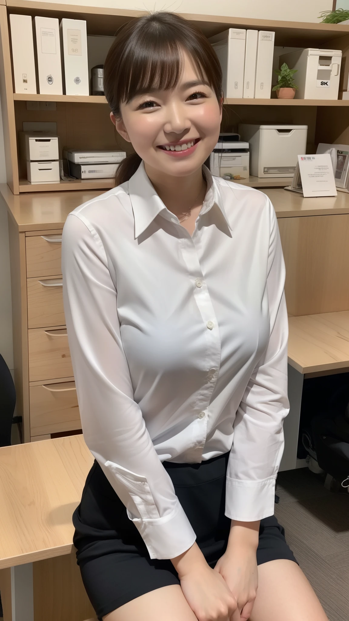 In 8K、Ultra-high resolution、Highest quality、Masseter muscle area、Photorealistic、Ultra-high resolution、(Huge 、Quite large breasts、Toned body:1.3)(Always an office lady、Wet white shirt、must wear a gray tight skirt and jacket、Office in a high rise building:1.3)(Dark blonde hair and extremely short hair、Japanese women、very cute、Cute Smile:1.28)Black Pin Heels