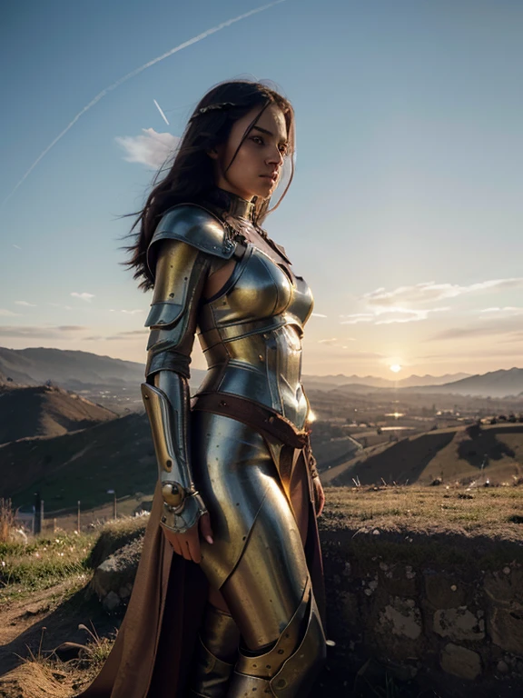 At the top of a steep hill, against the twilight horizon, an imposing figure stands with majesty. A woman, wearing full armor, stands at the highest point of the terrain, gazing determinedly into the valley below. Her helmet is adorned with intricate details, with a visor that reveals only her resolute eyes, shining with the golden light of the setting sun.
Her armor, polished to an impeccable shine, is a masterpiece of craftsmanship, each plate meticulously forged to offer maximum protection without compromising mobility. Each piece gleams as it reflects the last rays of sunlight, creating a striking contrast with the somber landscape around her.
In her right hand, she holds a longsword, whose gleaming blade seems eager to challenge any adversary that dares to cross her path. In the left, a shield adorned with a familiar crest, symbol of her lineage and heritage.
The wind gently stirs the cape that envelops her shoulders, highlighting her firm and confident posture. She is a fearless warrior, a defender of her realm and her people, ready to face any challenge that fate may hold.
Around her, the medieval scenery unfolds in all its grandeur. Castle towers rise against the orange-tinted sky, while verdant fields stretch as far as the eye can see. The distant sound of church bells and the clashing of swords echo through the air, reminding her of the constantly conflicted world she has sworn to protect.
In this solemn moment, she prepares to descend the steep slope toward the valley below, where destiny awaits with its challenges and dangers. But she does not falter; her heart is filled with courage and determination, ready to face any battle that life may present her.