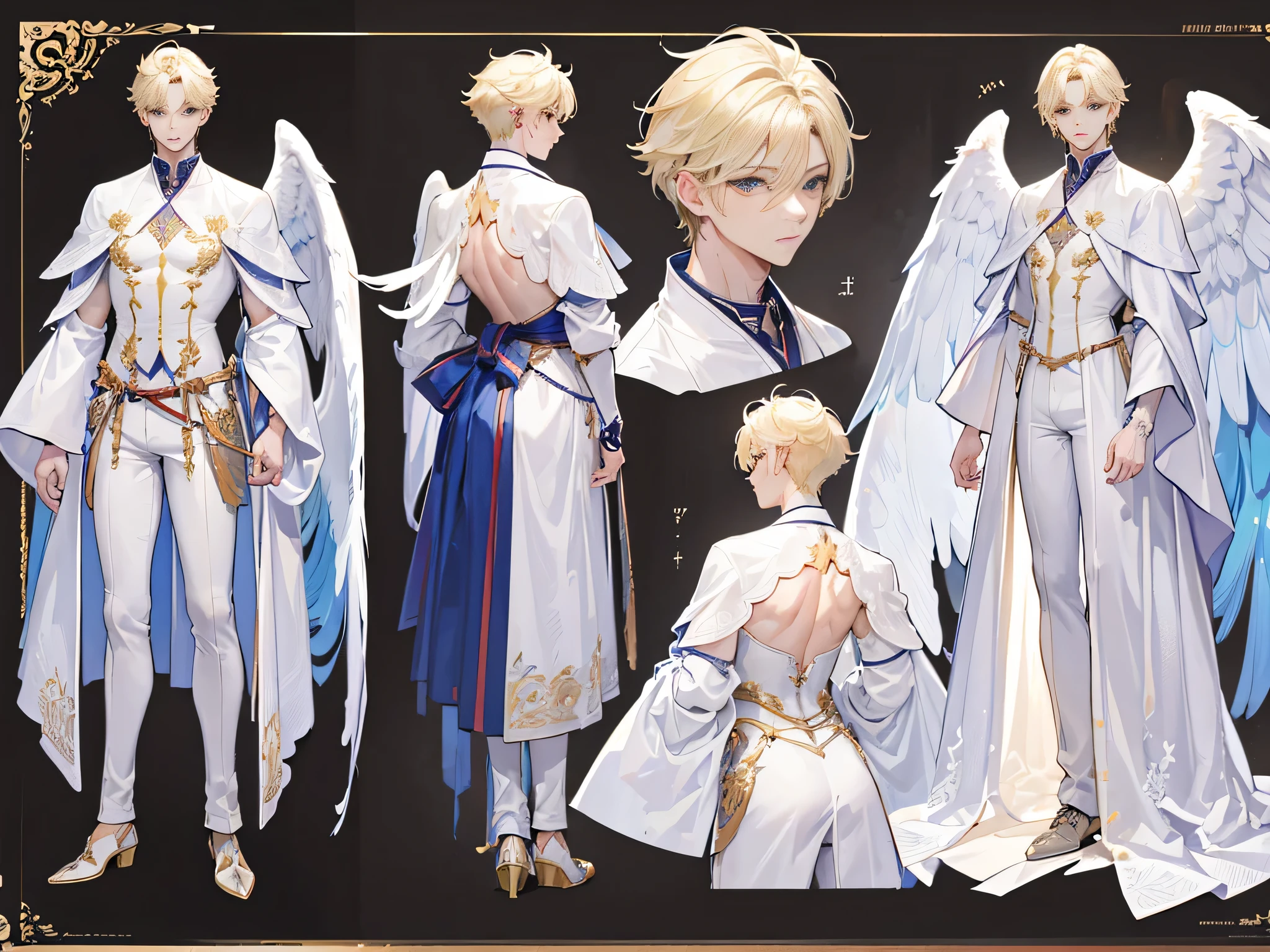 ((Masterpiece, Highest quality)), Male, boy, Detailed face, character design sheet， full bodyesbian, Full of details, frontal body view, back body view, Highly detailed, Depth, Many parts, angel wings, angel outfit, Muscle boy with blond ponytail hair bangs，handsome man, male angel , man tall