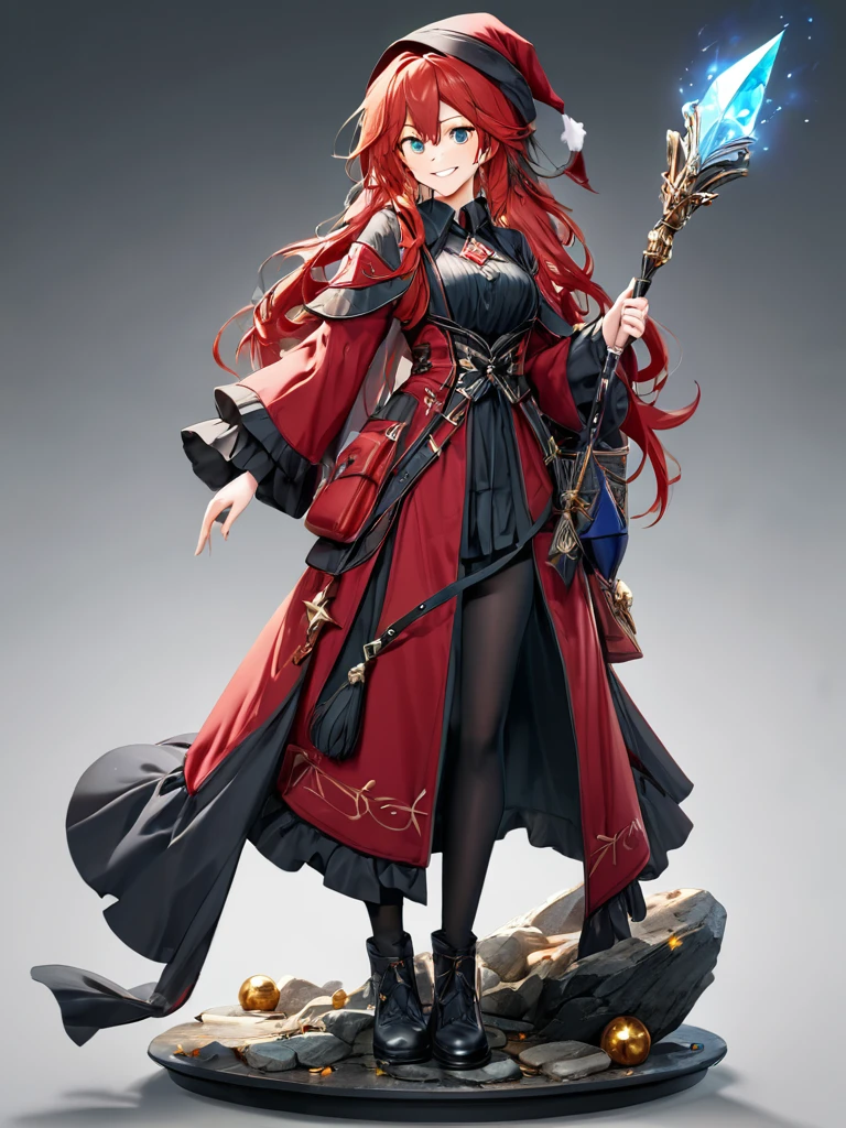 (best quality),(ultra detailed),(extremely detailed),(absolutely resolution) ,solo, absurdres,8k, 1girl,full body,  wizard, holding magician's staff, grin, ultra detailed eyes, long hair, messy hair, (red hair:1.2), 