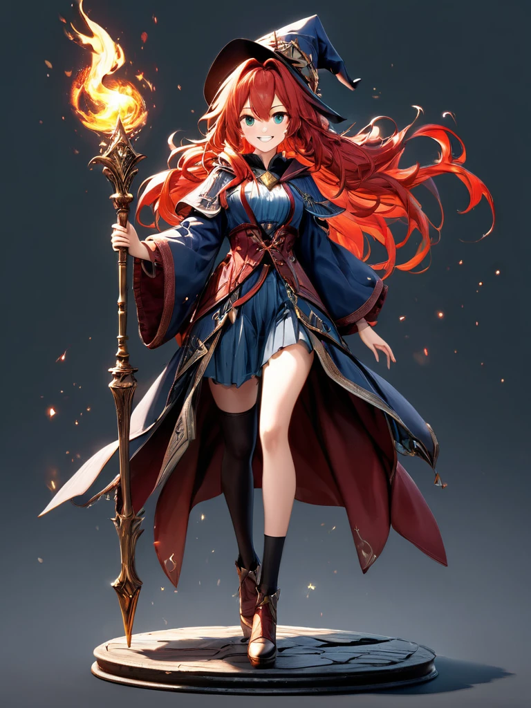 (best quality),(ultra detailed),(extremely detailed),(absolutely resolution) ,solo, absurdres,8k, 1girl,full body, wizard, holding magician's staff, grin, ultra detailed eyes, long hair, messy hair, (red hair:1.2),