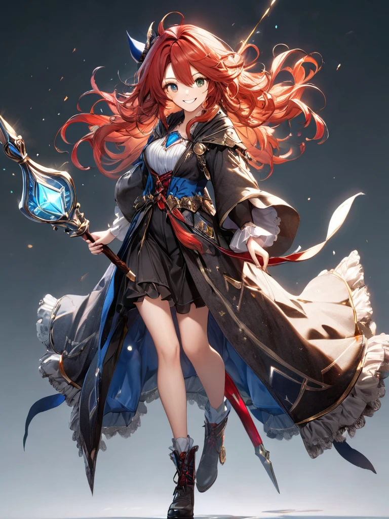 (best quality),(ultra detailed),(extremely detailed),(absolutely resolution) ,solo, absurdres,8k, 1girl,full body, wizard, holding magician's staff, grin, ultra detailed eyes, long hair, messy hair, (red hair:1.2),
