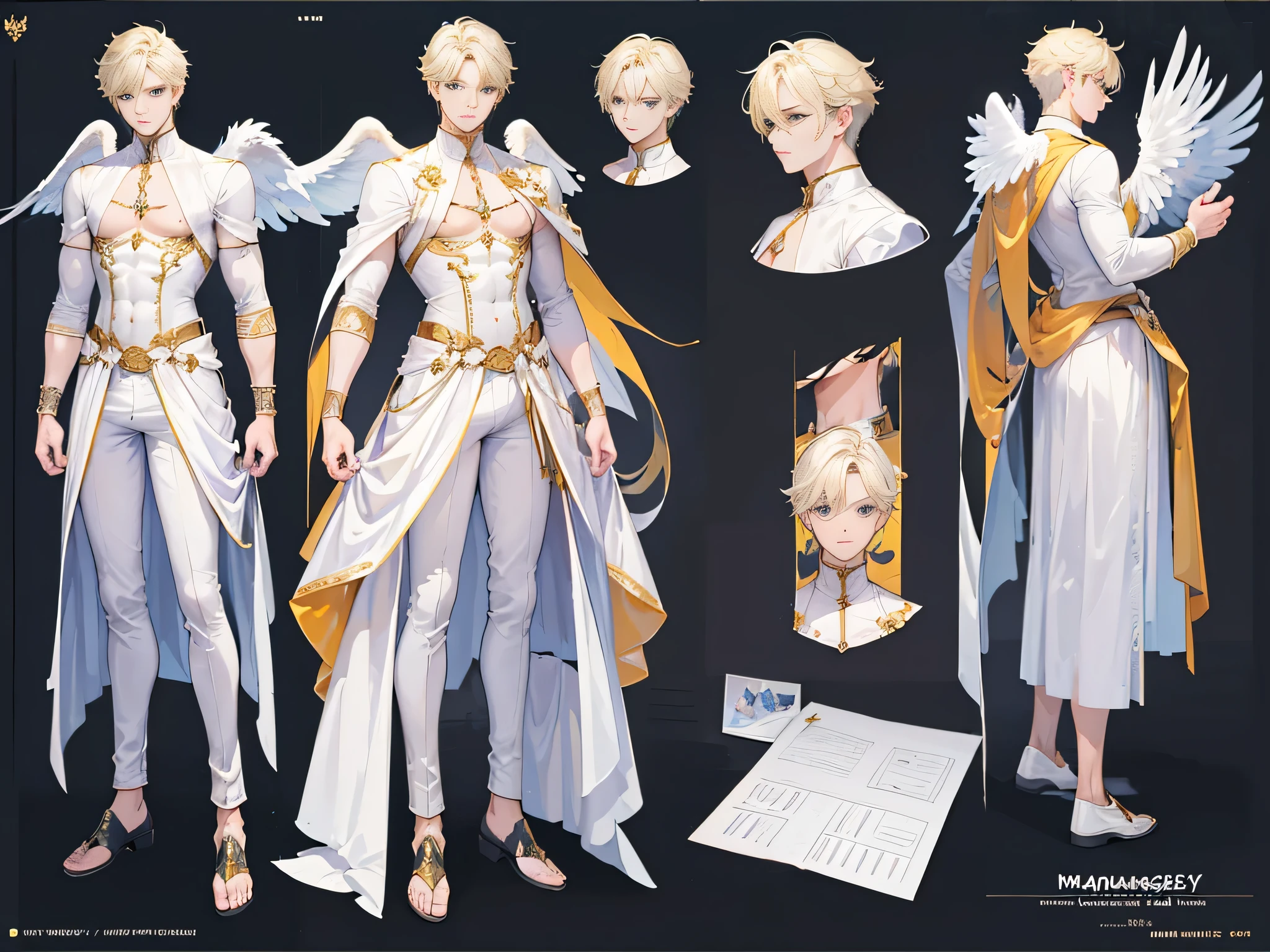 ((Masterpiece, Highest quality)), Male, boy, Detailed face, character design sheet， full bodyesbian, Full of details, frontal body view, back body view, Highly detailed, Depth, Many parts, angel wings, angel outfit, Muscle boy with blond hair bangs，handsome man, male angel , man tall, 