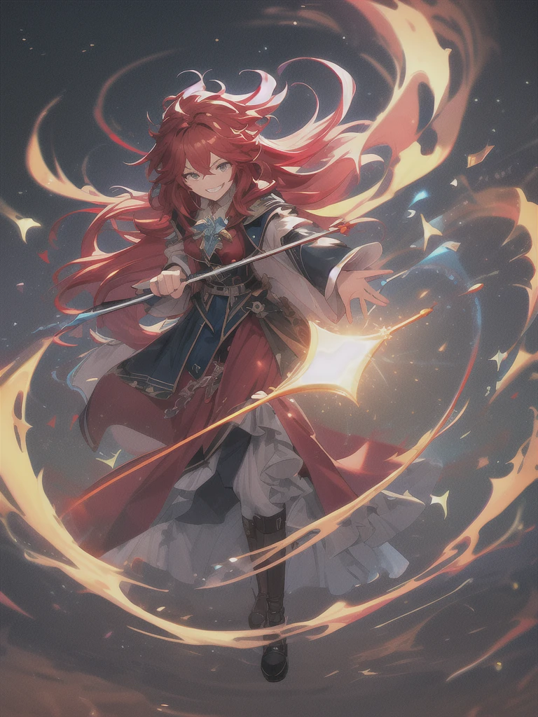 (best quality),(ultra detailed),(extremely detailed),(absolutely resolution) ,solo, absurdres,8k, 1girl,full body,  wizard, holding magician's staff, grin, ultra detailed eyes, long hair, messy hair, (red hair:1.2), 