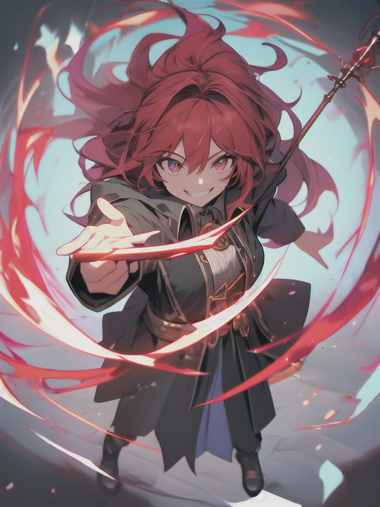 (best quality),(ultra detailed),(extremely detailed),(absolutely resolution) ,solo, absurdres,8k, 1girl,full body,  wizard, holding magician's staff, grin, ultra detailed eyes, beautiful eyes, long hair, messy hair, (red hair:1.2), 